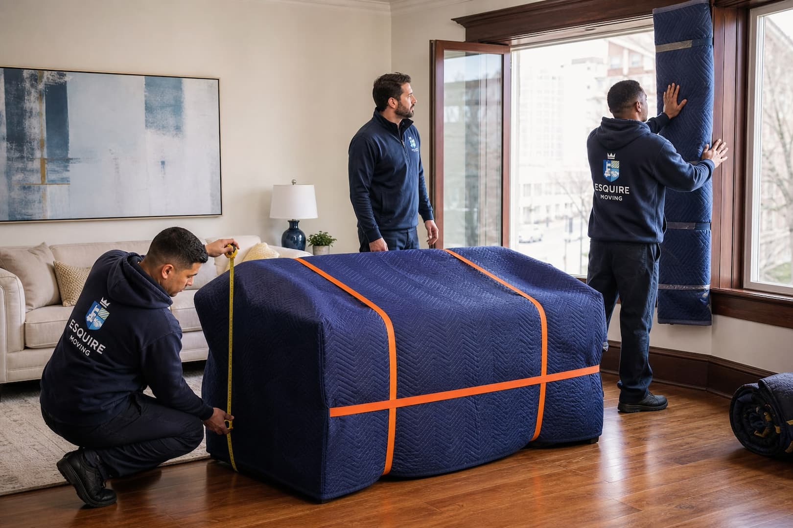 Esquire Moving crew measuring and wrapping a sofa before hoisting