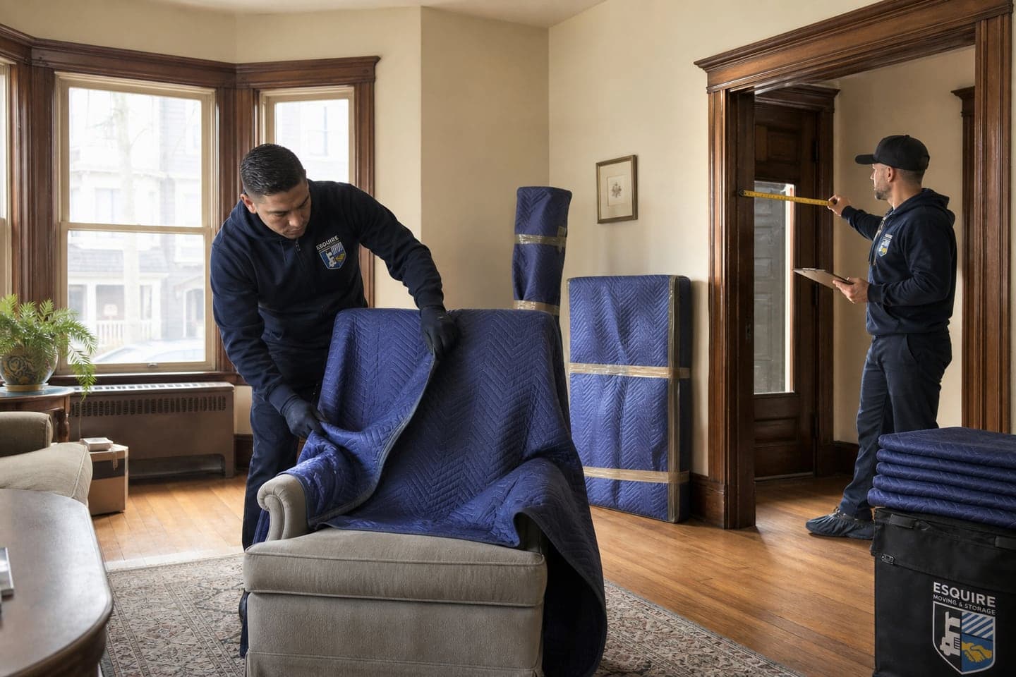 Esquire movers measuring a doorway and protecting furniture in a Jamaica Plain home
