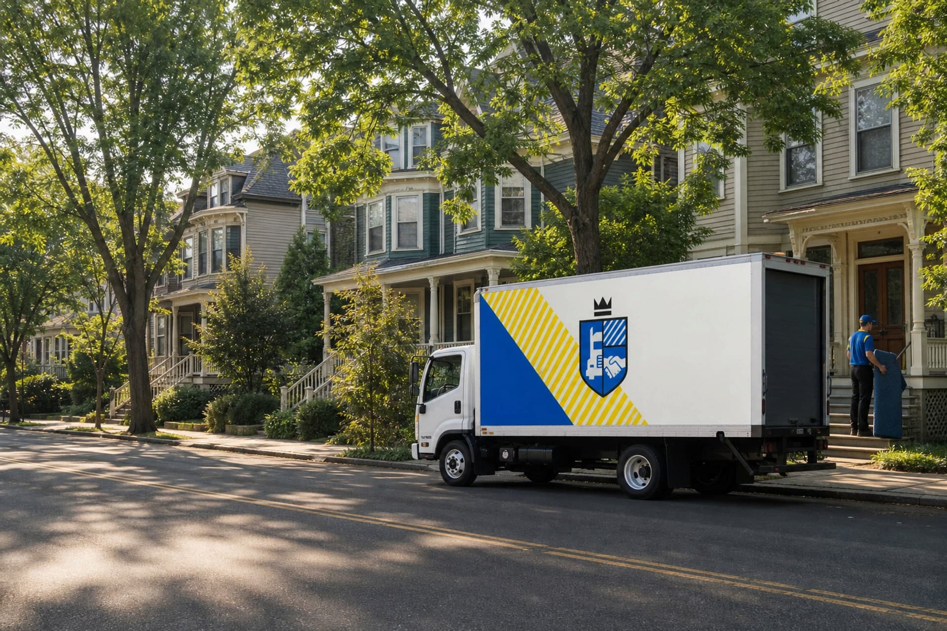 Esquire Moving truck beside Victorian and triple-decker homes in Jamaica Plain