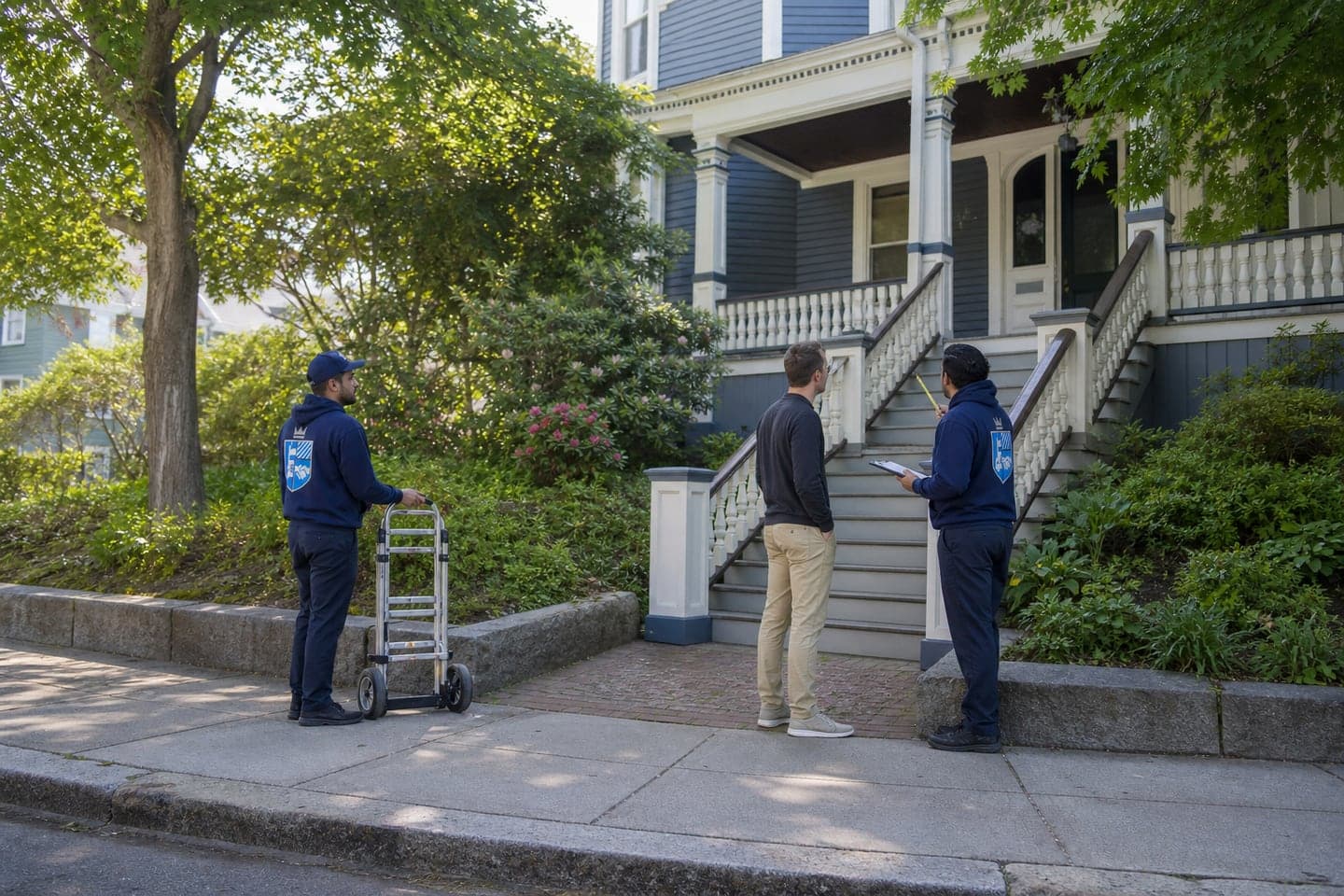 Esquire mover reviewing the porch route at a Jamaica Plain Victorian home