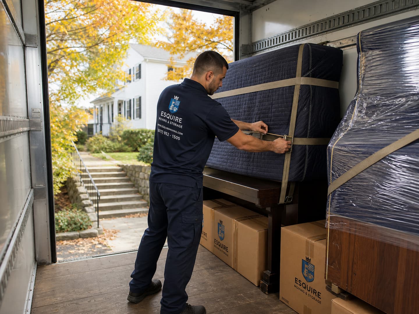 Esquire mover securing padded furniture inside a truck at a Massachusetts home