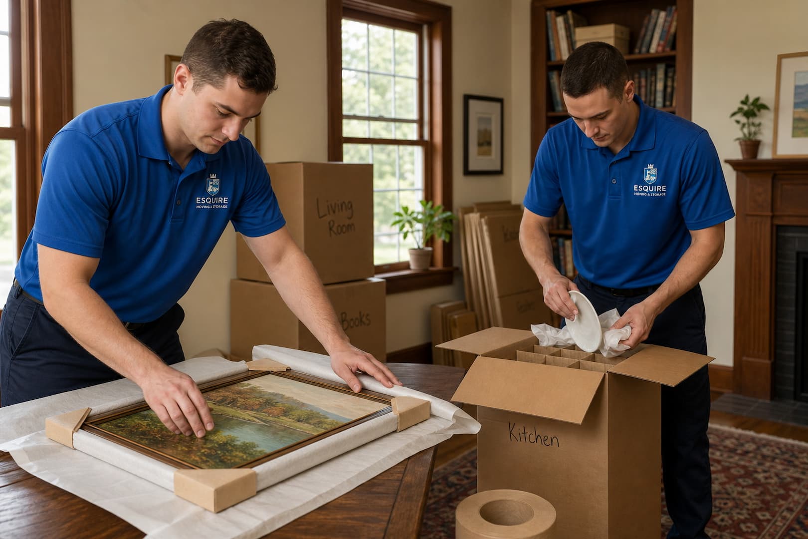 Esquire movers packing framed art and dishes for a New Hampshire long-distance move