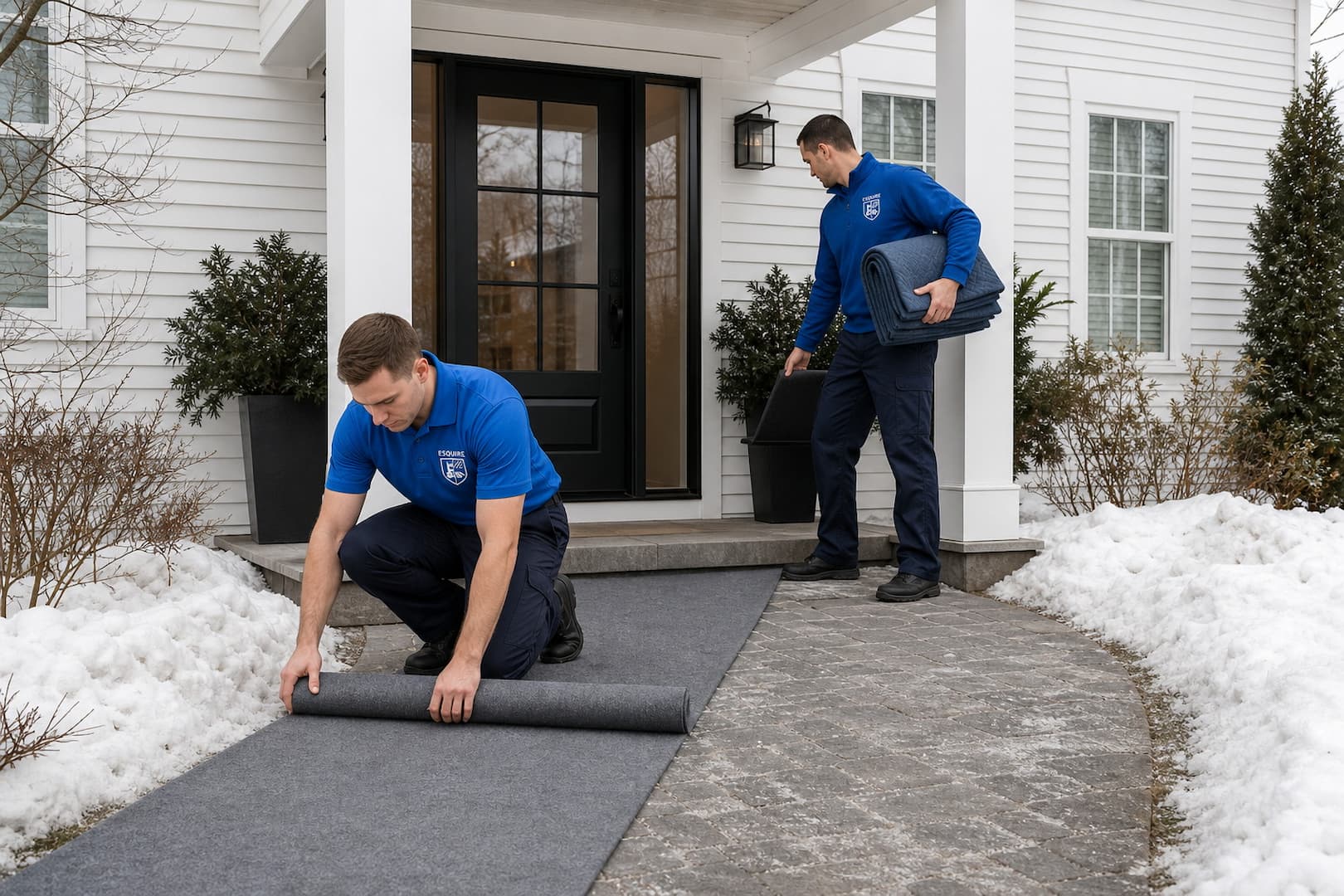 Esquire movers preparing a protected, cleared walkway at a New Hampshire home