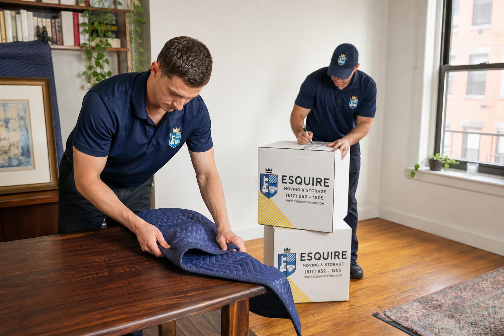 Esquire movers protecting furniture and labeling cartons in a New York apartment