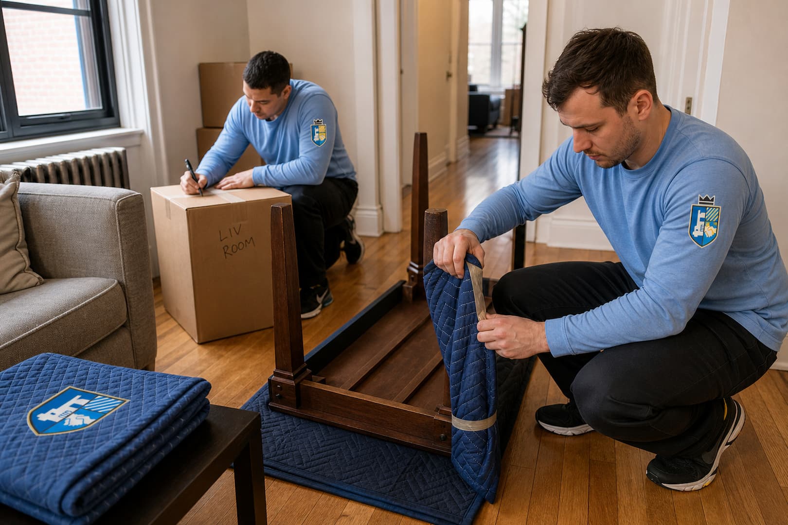 Esquire movers padding furniture and labeling a carton in a New York apartment