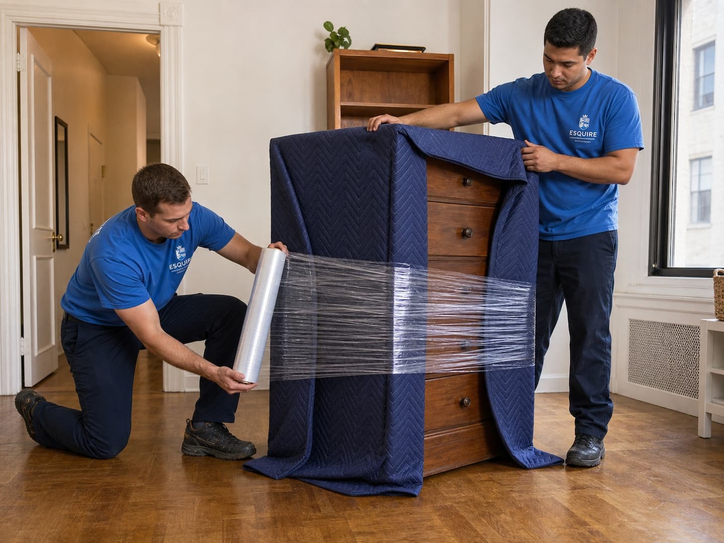 Esquire movers wrapping a dresser inside a New York apartment before interstate transport