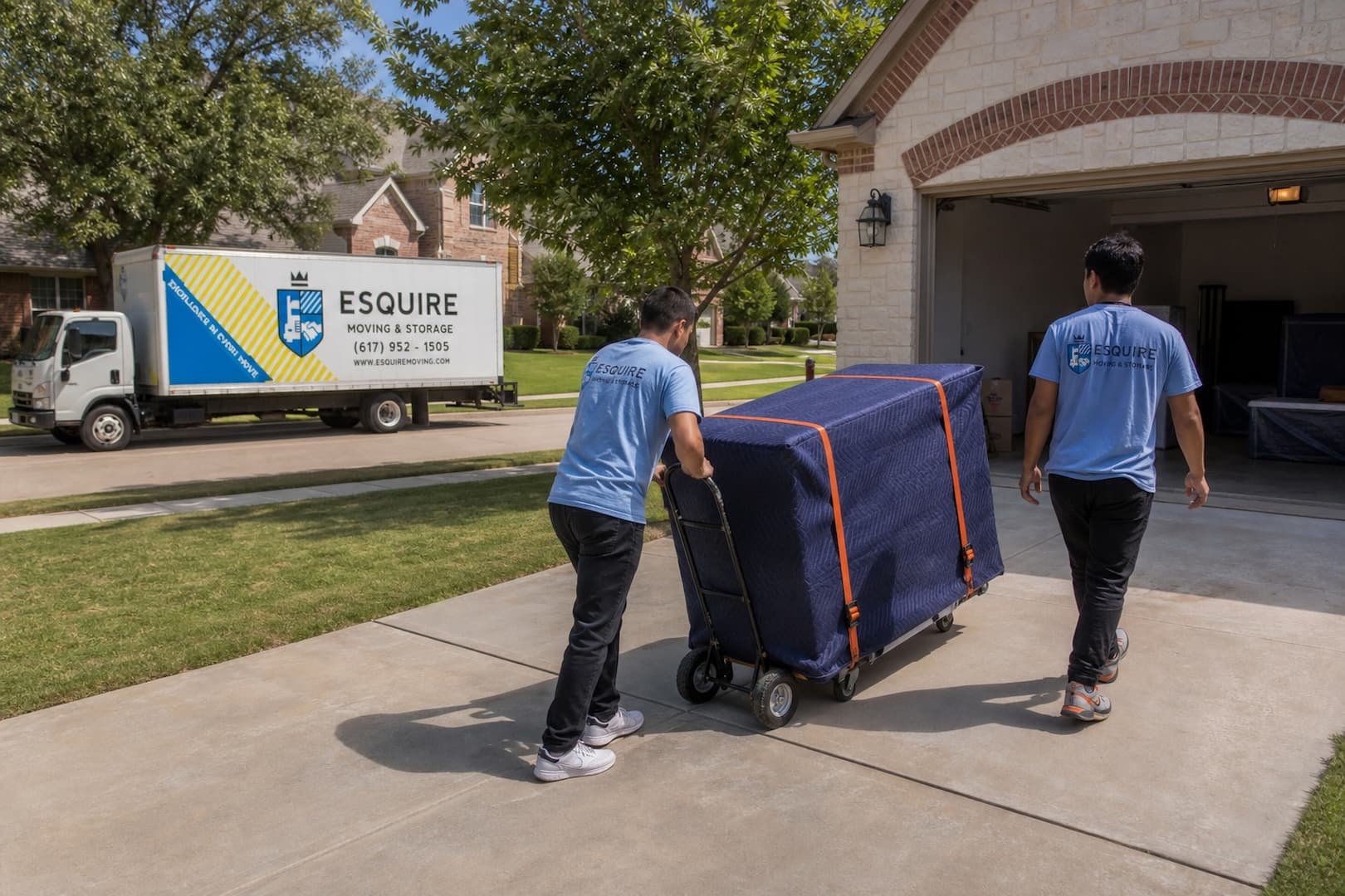 Esquire movers guiding protected furniture along a clear Dallas driveway during delivery