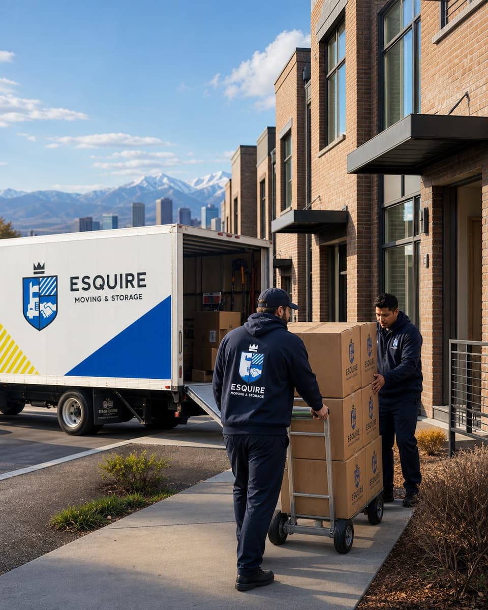 Esquire movers delivering labeled cartons to a Denver residence near the Front Range