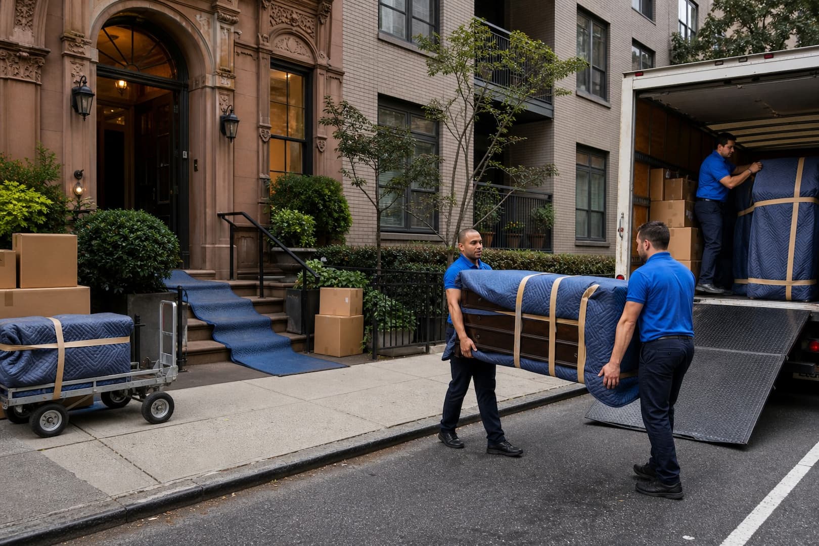 Movers carrying a blanket-wrapped dresser from a New York residence to a moving truck