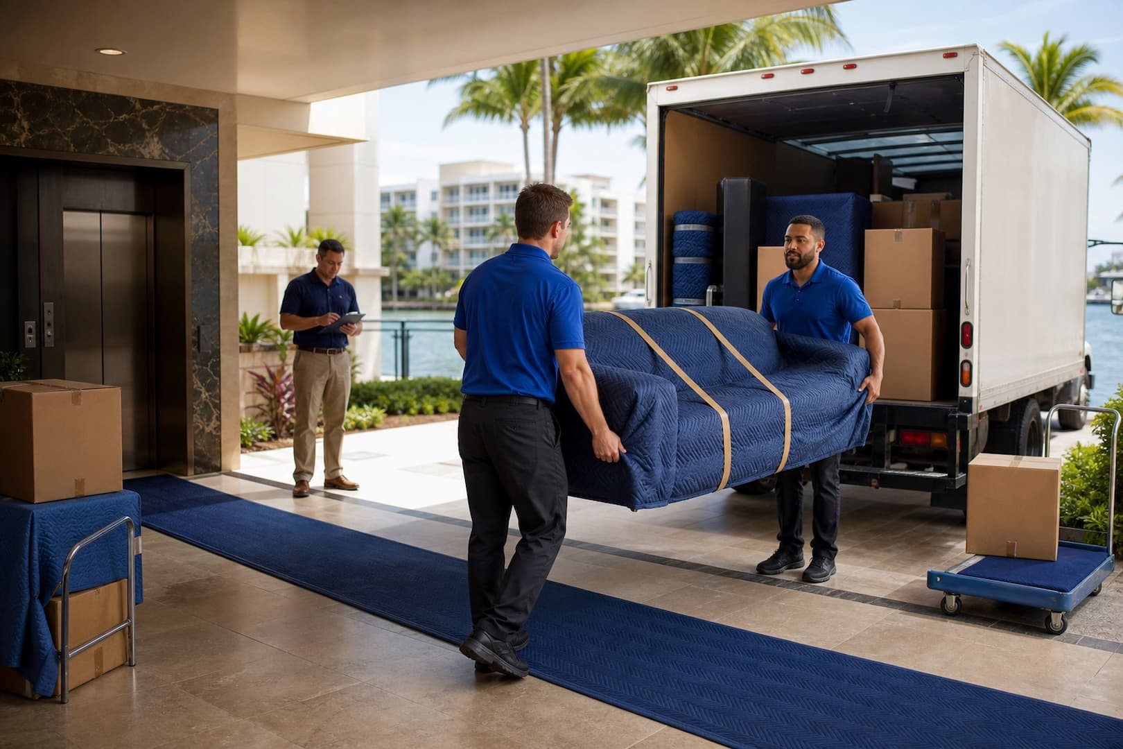 Movers delivering protected furniture at a Fort Lauderdale waterfront condominium