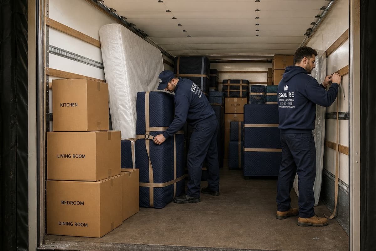Esquire movers securing a protected household shipment inside a moving truck