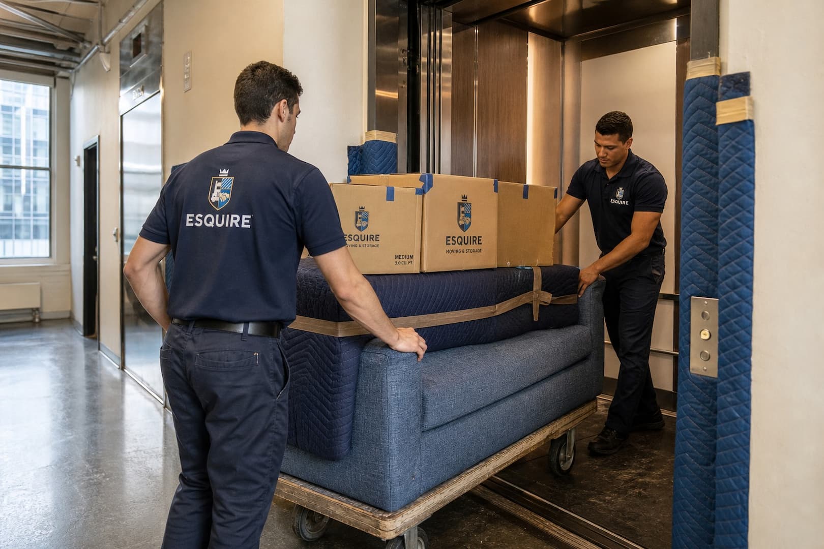 Esquire movers guiding protected furniture through a New York service elevator