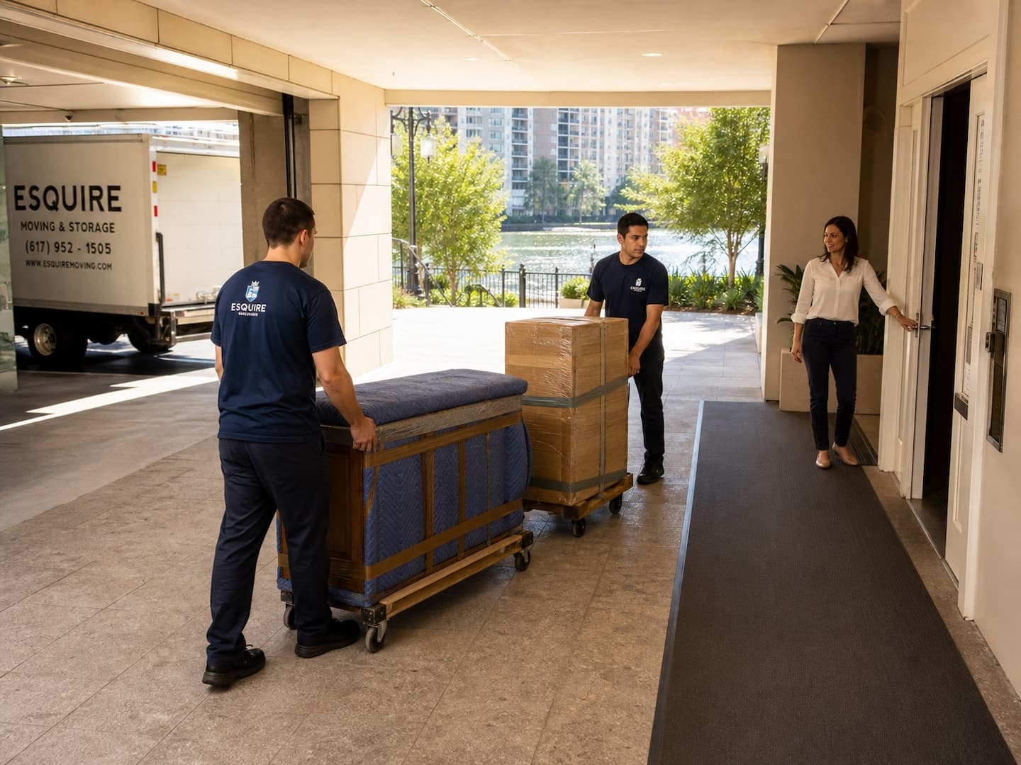 Esquire movers delivering protected furniture at a Jacksonville riverfront apartment