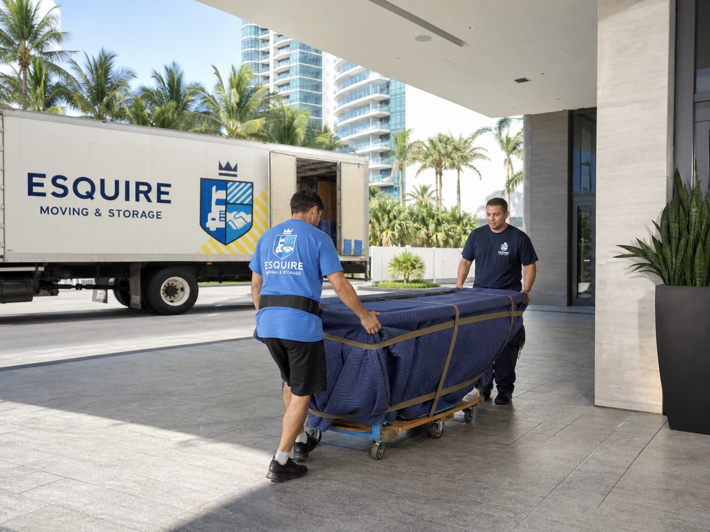 Esquire movers guiding protected furniture into a modern Miami condominium