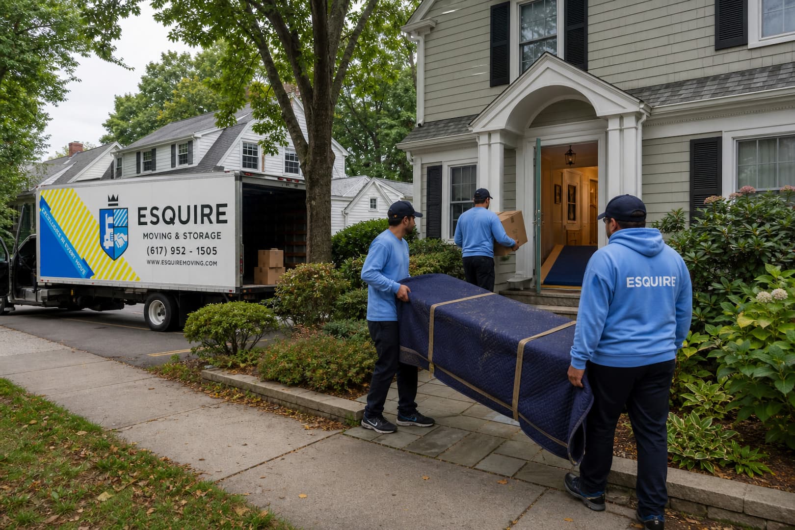 Esquire movers delivering protected furniture to a New Jersey suburban home