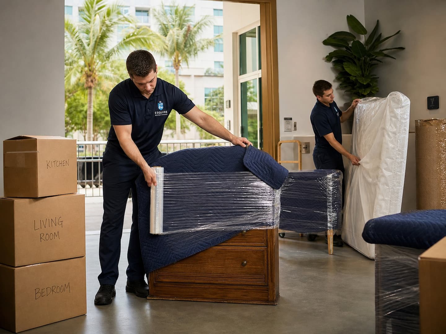 Esquire movers wrapping a dresser and protecting a mattress for a New York to Orlando move