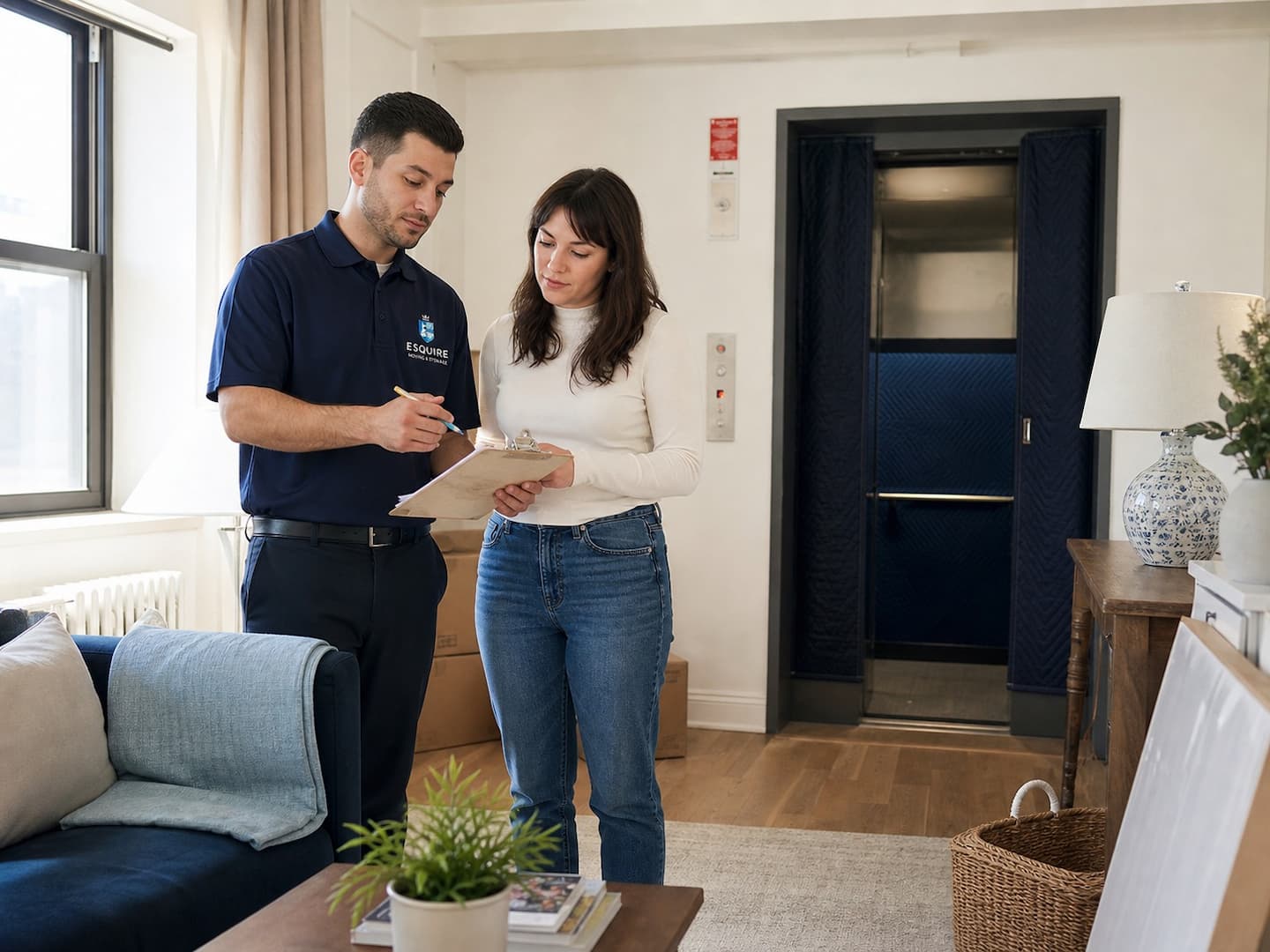 Esquire move consultant reviewing inventory and elevator access in a New York apartment