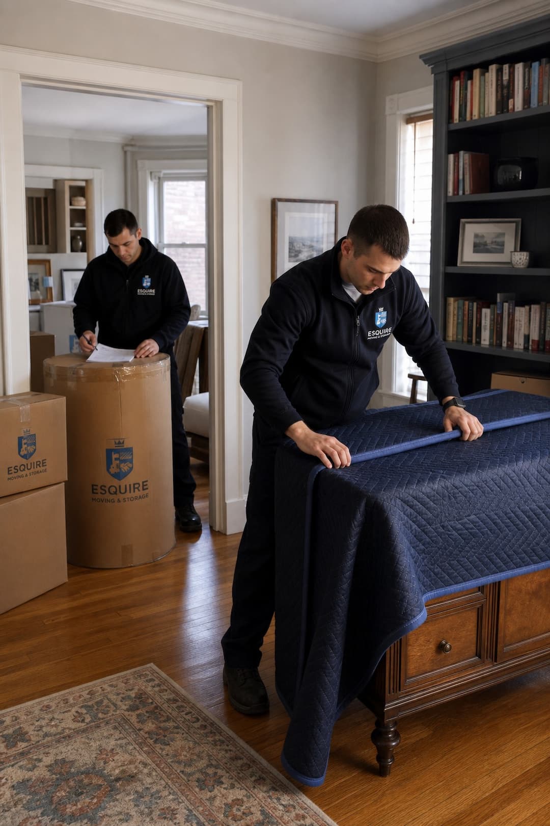 Esquire movers wrapping furniture and checking an inventory in a New York apartment