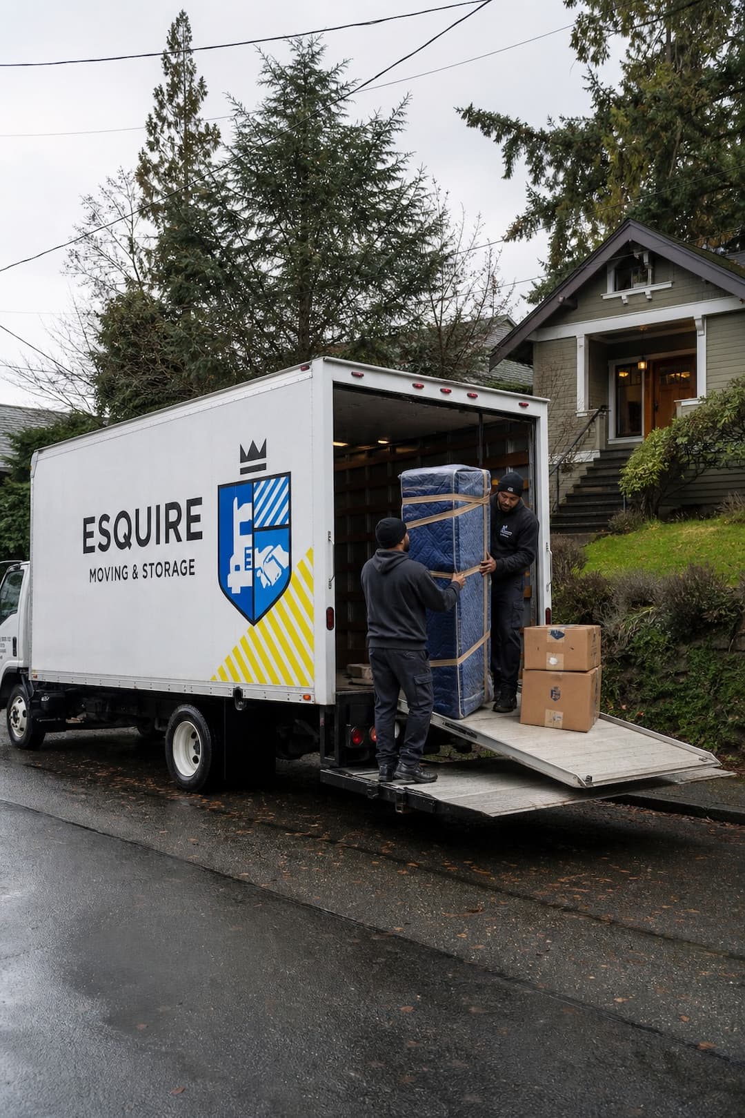 Esquire movers unloading protected furniture at a Seattle craftsman home