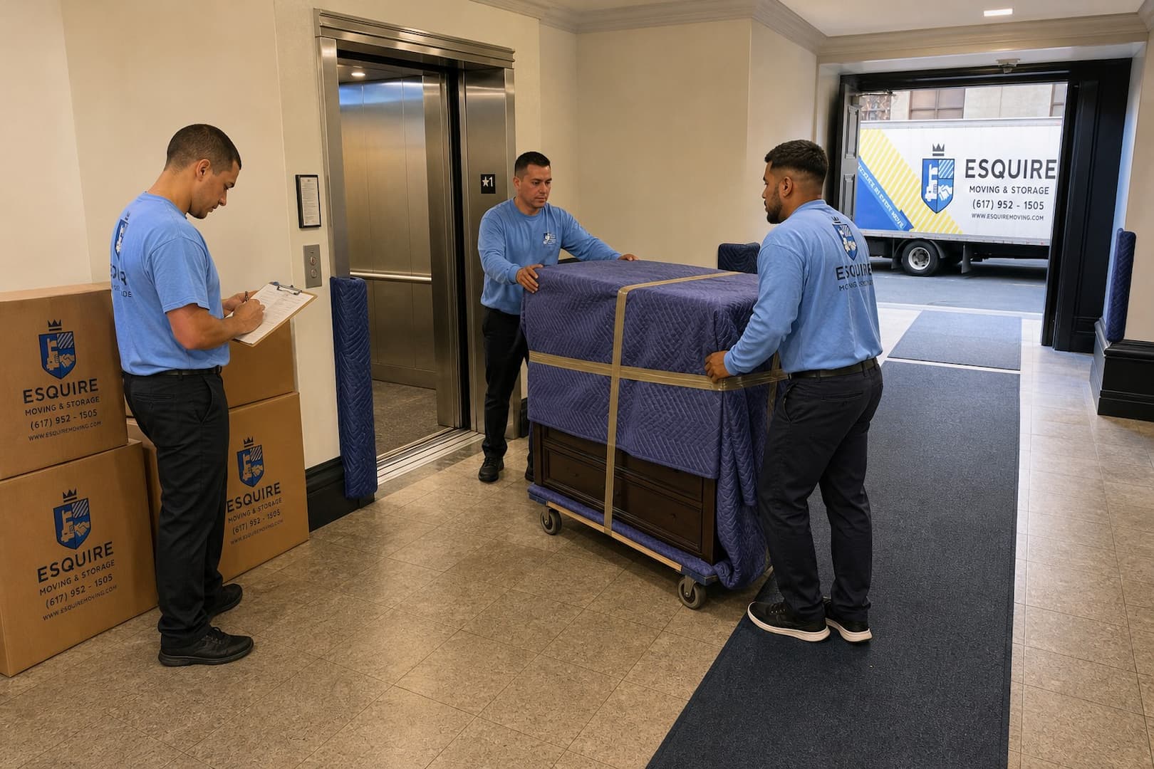 Esquire movers preparing protected furniture at a New York apartment entrance