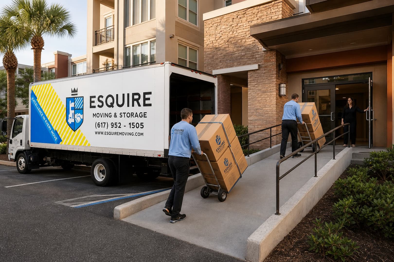 Esquire movers delivering labeled cartons along an accessible Tampa residential entrance