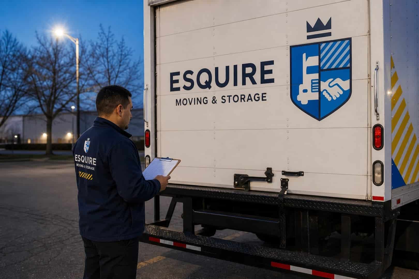 Esquire mover reviewing the inventory beside a closed moving truck at dusk