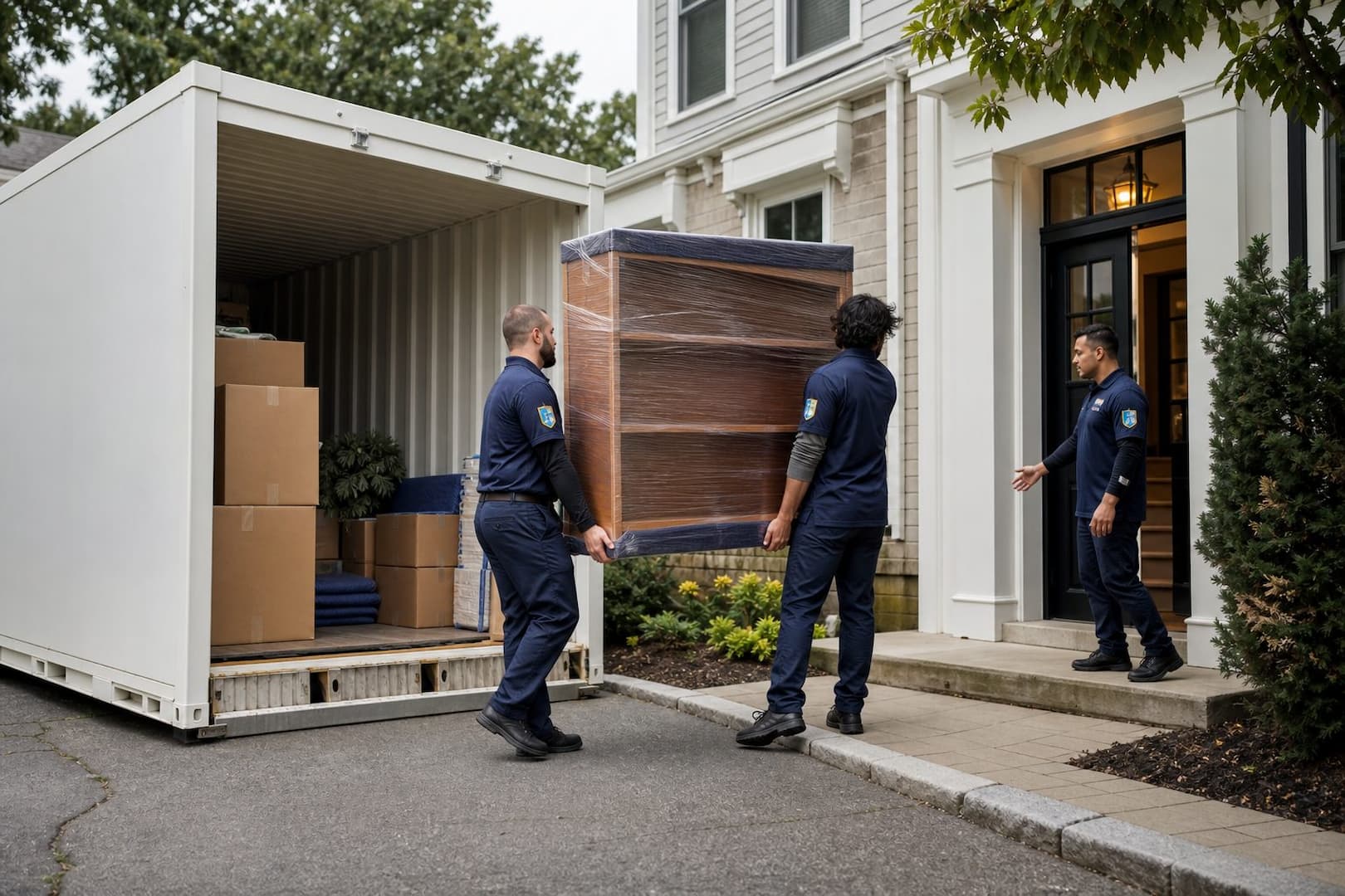 Three Esquire movers unloading protected furniture from a portable storage container near Boston
