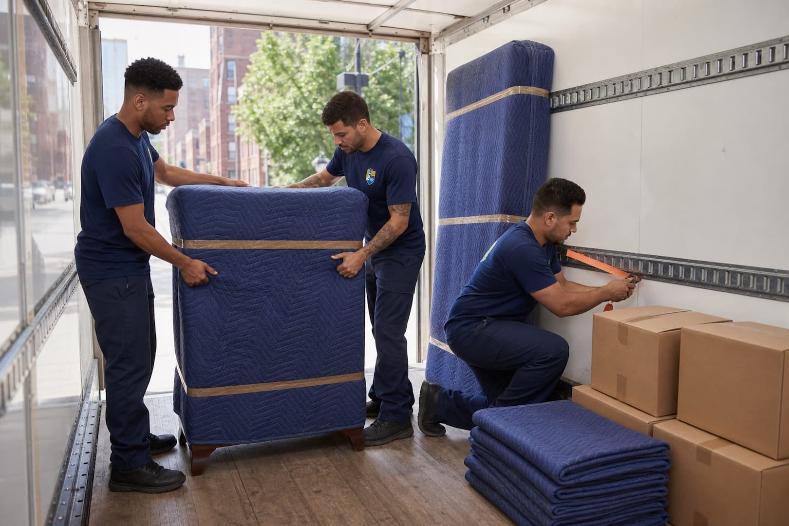 Esquire moving labor crew organizing protected furniture inside a rental truck