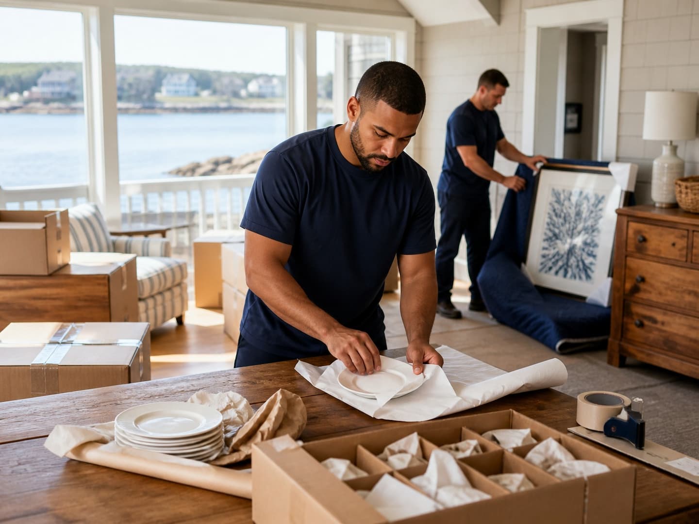 Professional movers packing dishes and protecting artwork inside a coastal Rhode Island home