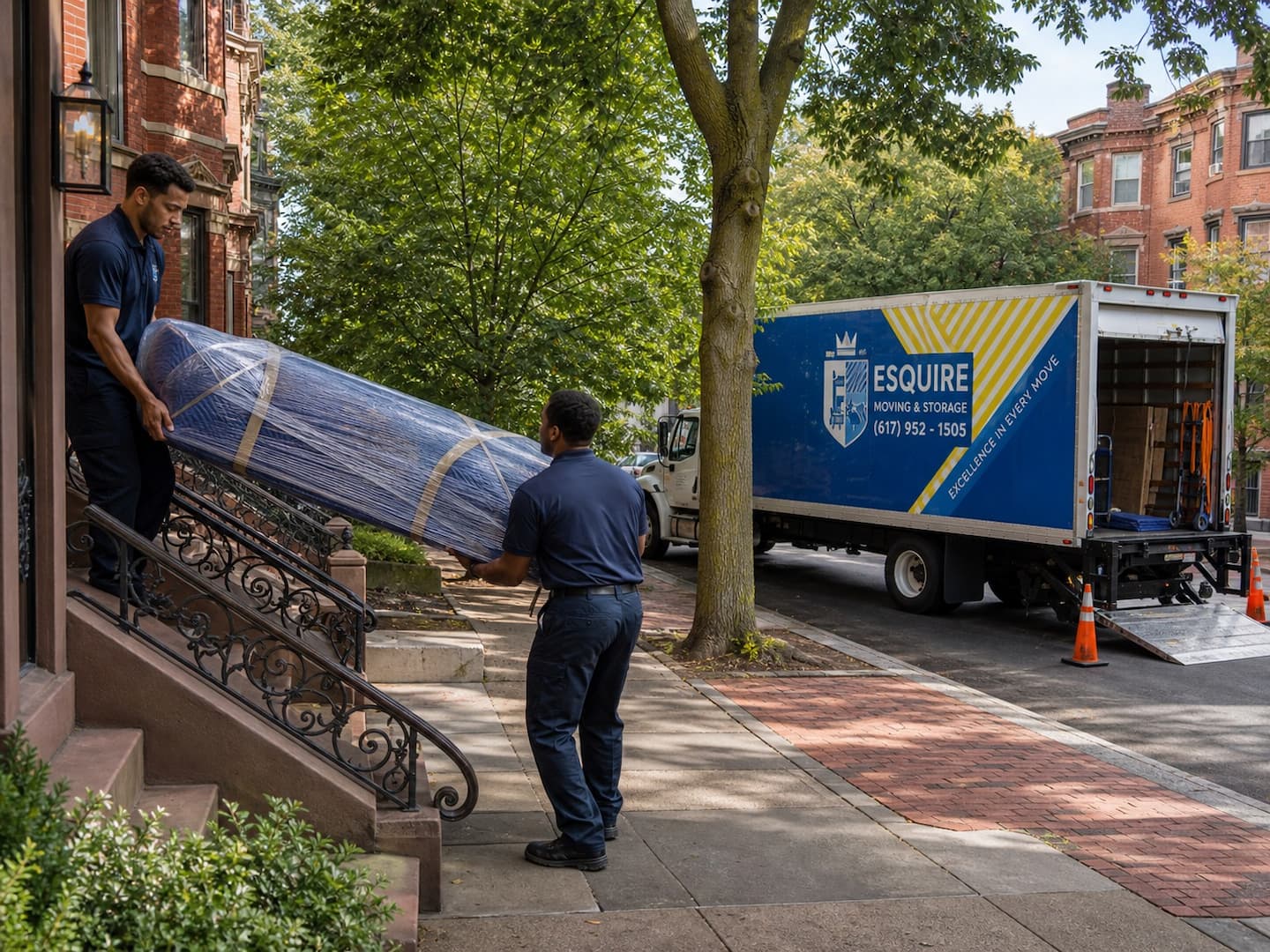 Esquire movers carrying a protected sofa from a Providence home to a branded moving truck
