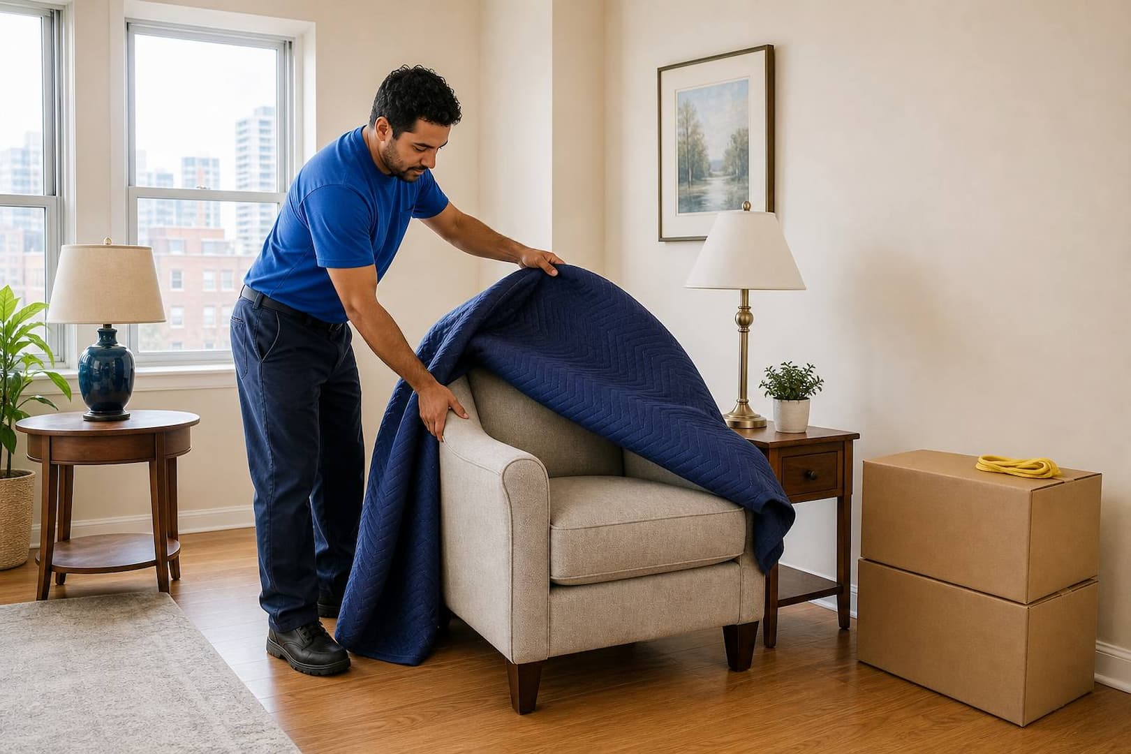 Esquire mover carefully placing a protected armchair in a bright Boston apartment