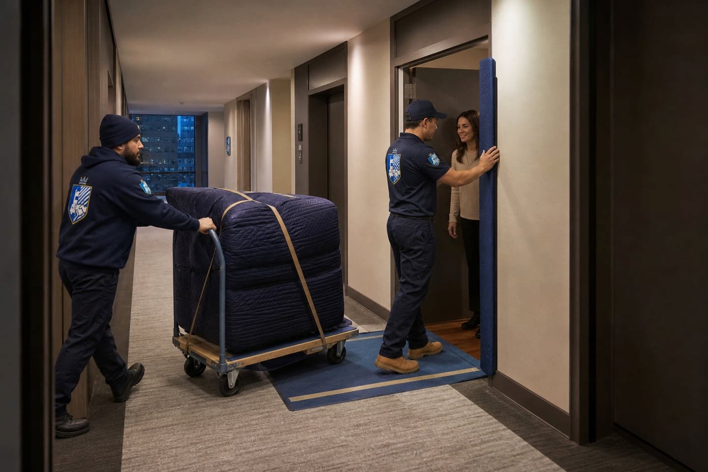 Esquire movers protecting a West End apartment corridor during delivery