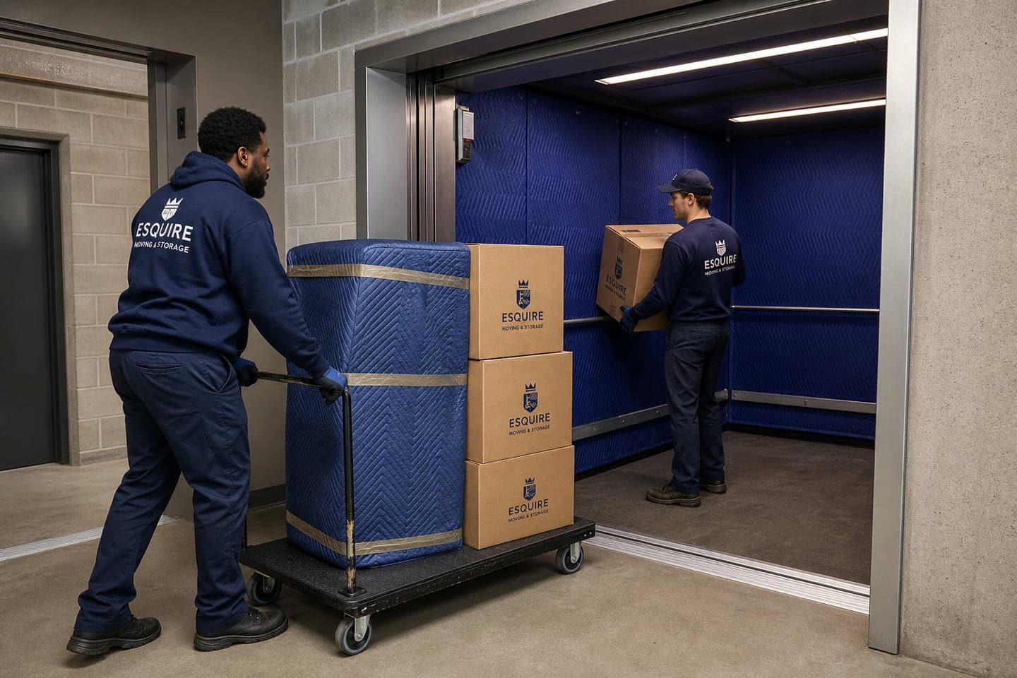 Esquire movers loading protected furniture into a padded West End freight elevator