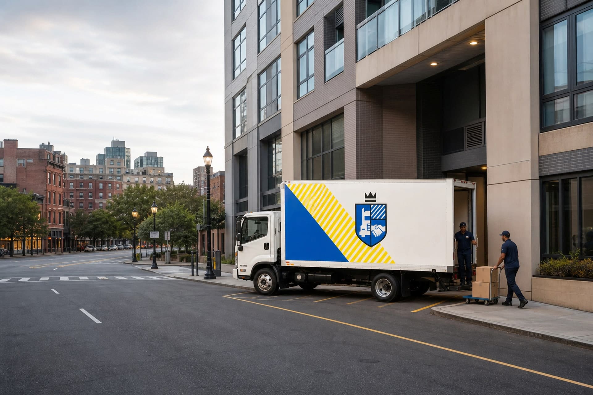 Esquire Moving truck at a West End high-rise loading entrance in Boston