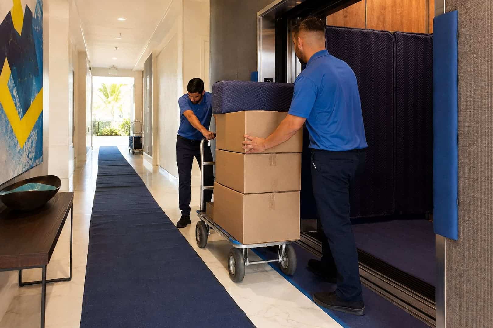 Movers guiding protected items from a freight elevator in a Miami condominium