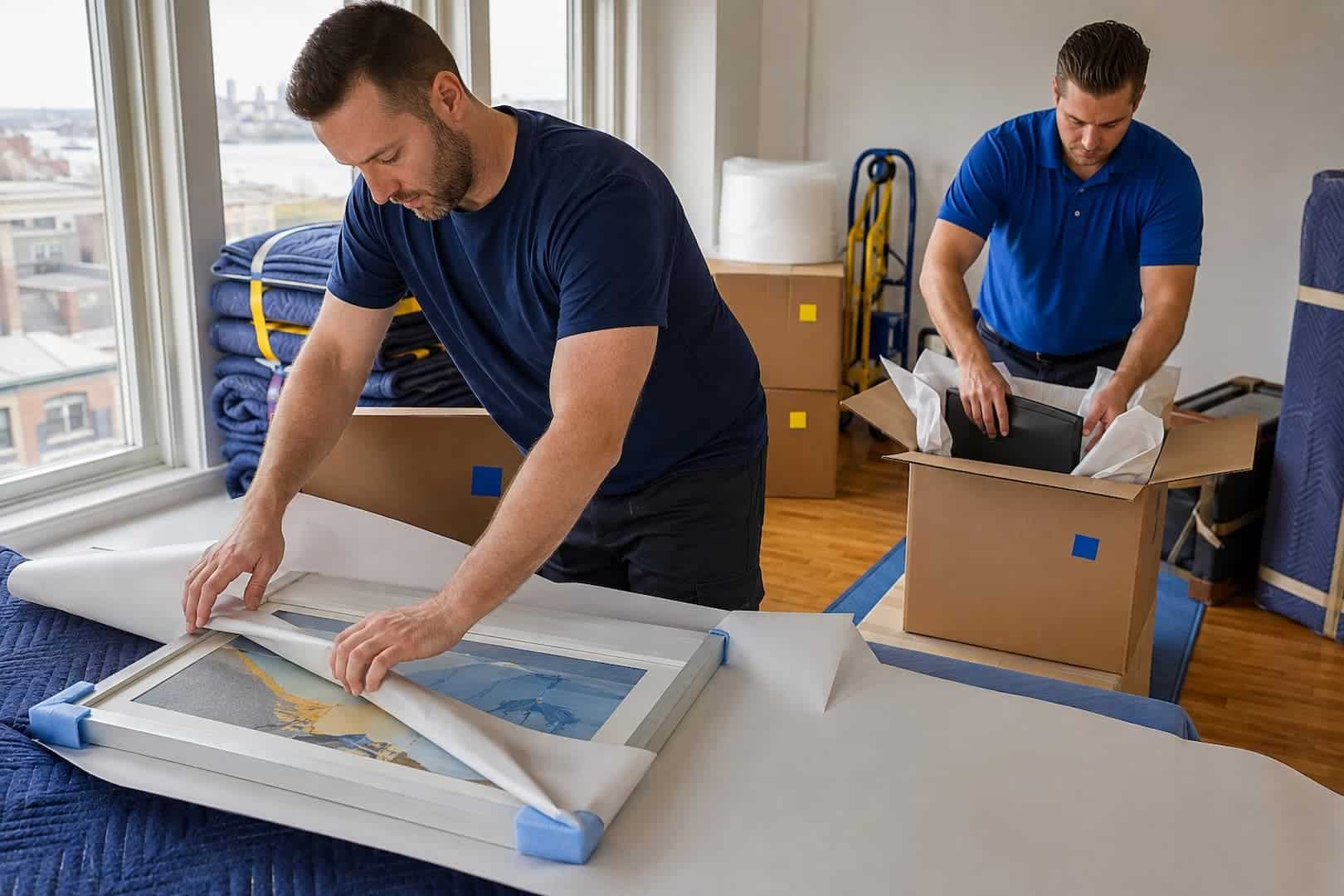 Movers preparing framed artwork and electronics for a Boston to Miami move
