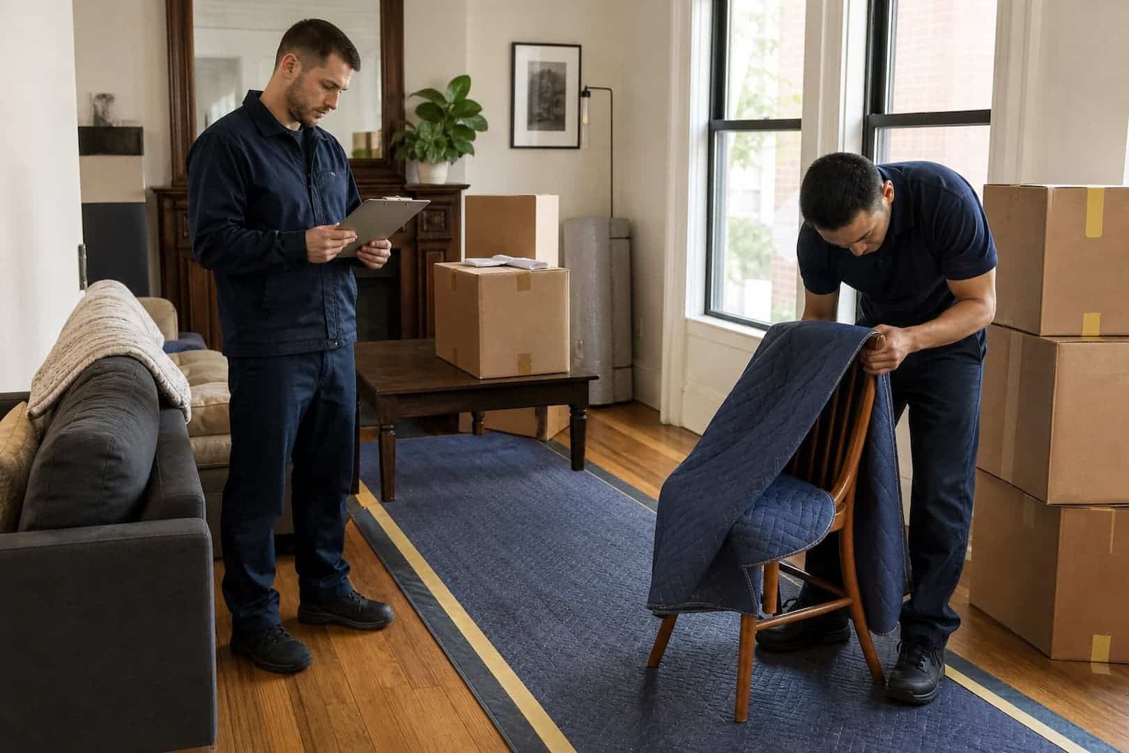Professional movers reviewing an inventory and wrapping furniture in a Boston home