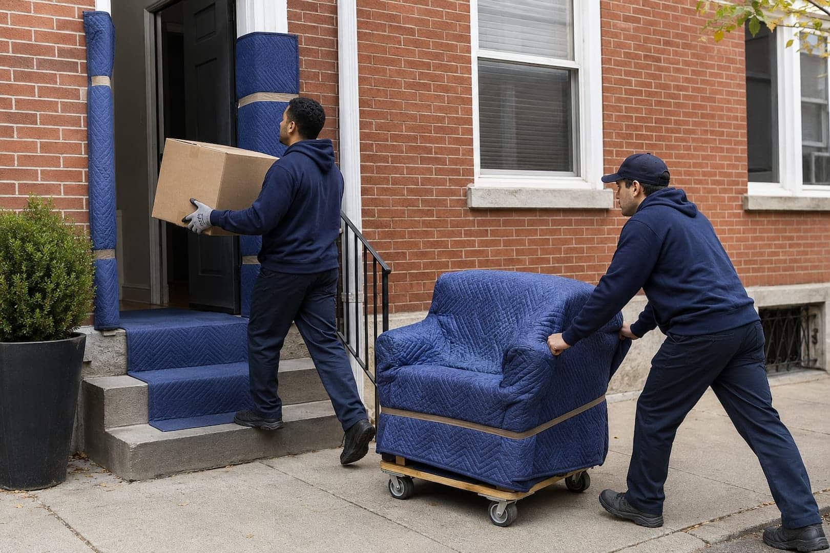 Movers delivering a protected armchair and carton into a Philadelphia rowhouse