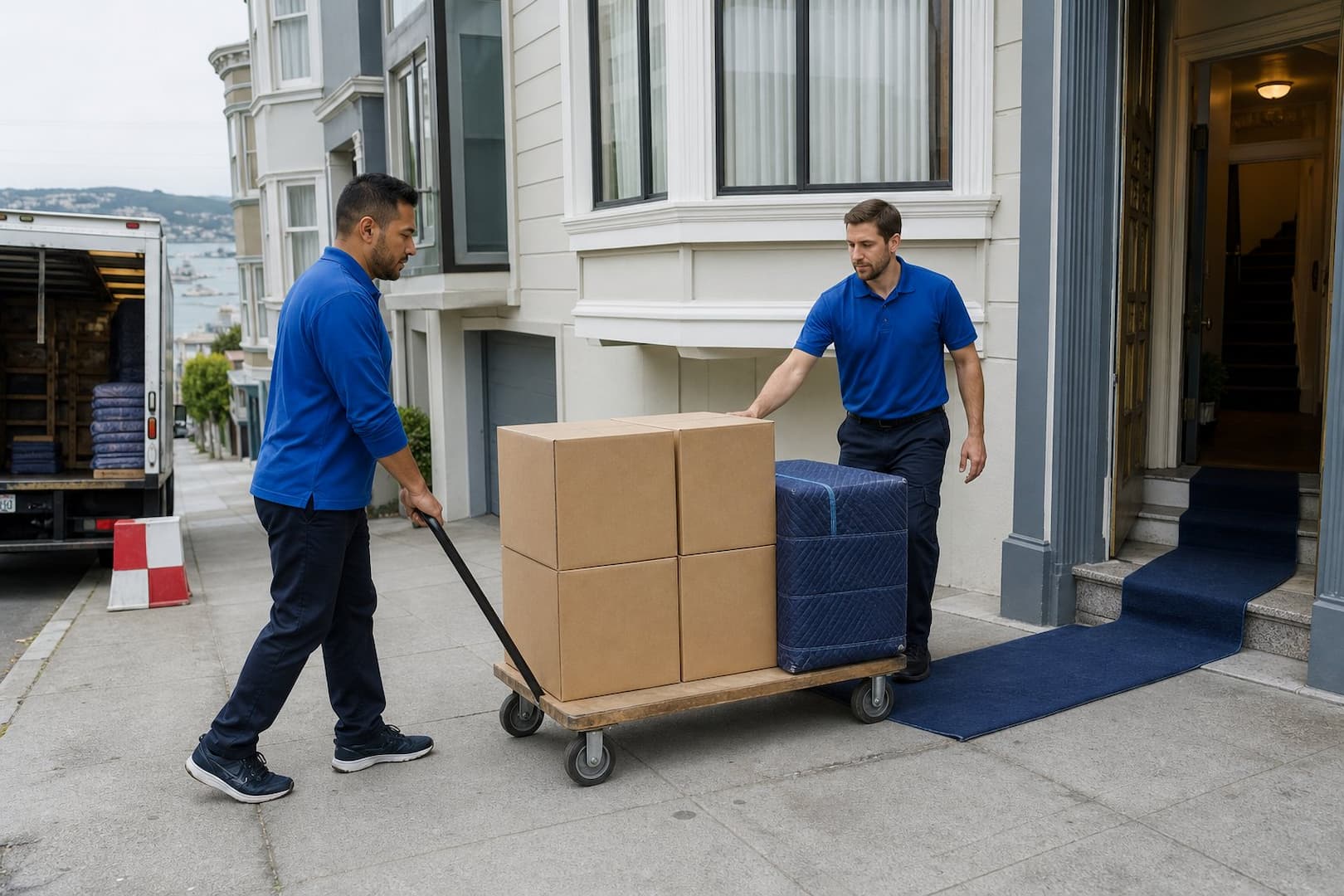 Professional movers completing a protected delivery at a San Francisco residence