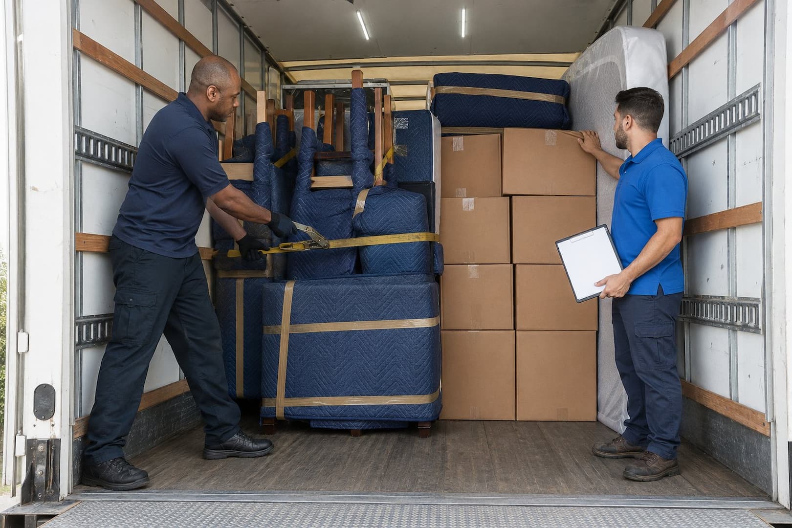 Movers securing protected furniture and cartons for the cross-country trip