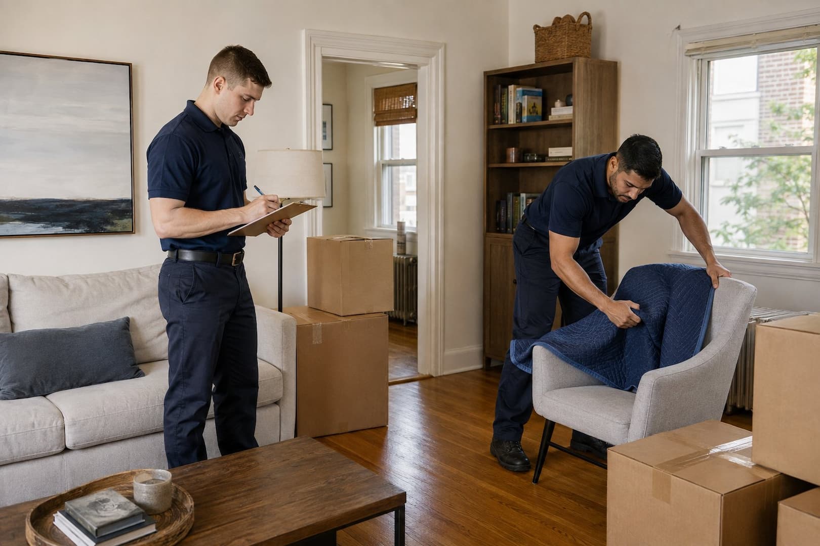 Esquire movers reviewing inventory and protecting furniture before a Boston to Washington DC move