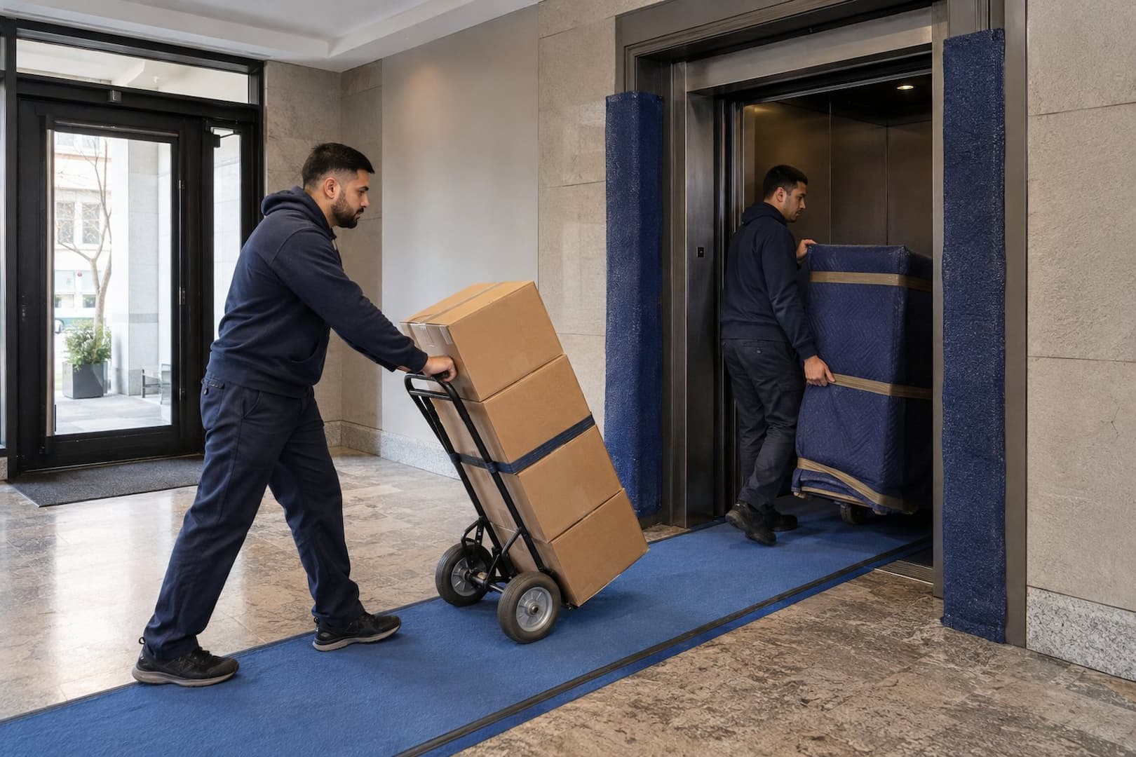 Movers using floor runners and doorway protection during a Washington DC apartment delivery
